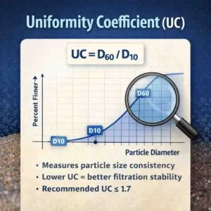 Uniformity coefficient D60 D10 diagram for granular filter media
