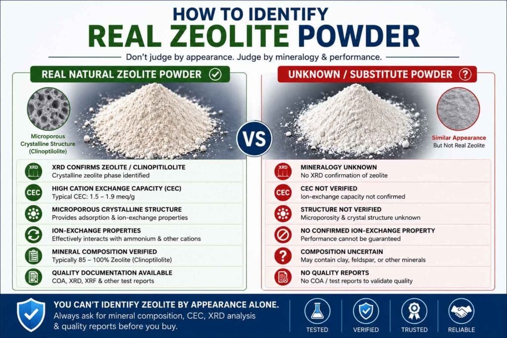 How to identify real natural clinoptilolite zeolite powder using XRD and CEC