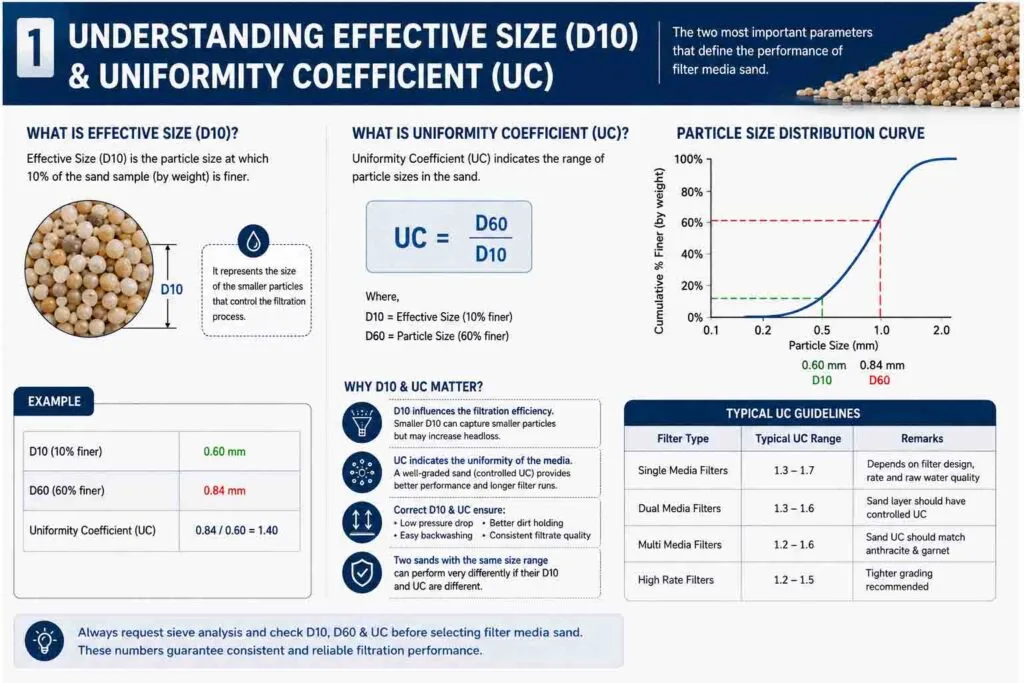 Filter media sand effective size D10 and uniformity coefficient explained
