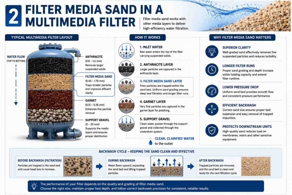 Filter media sand layer in a multimedia water filtration system