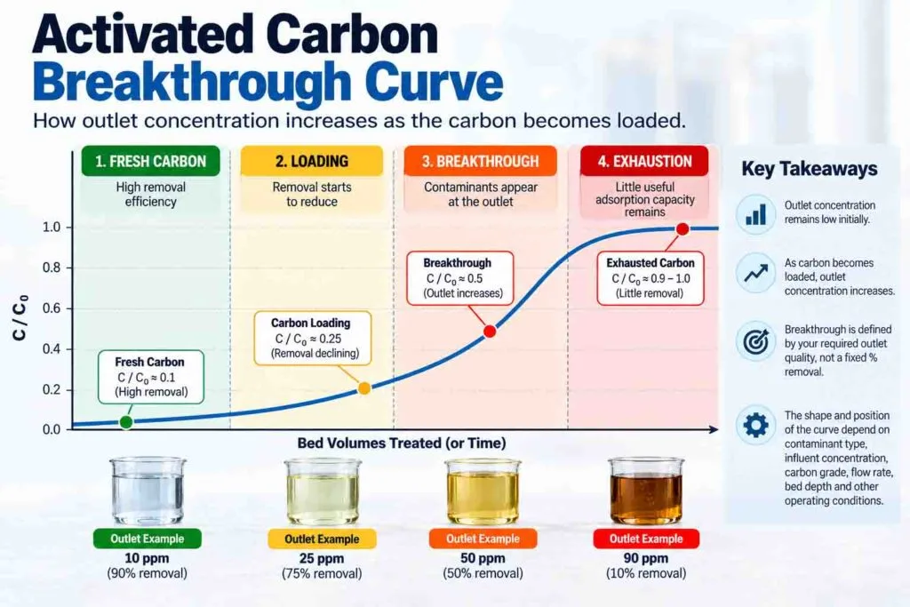GAC activated carbon breakthrough curve showing carbon exhaustion