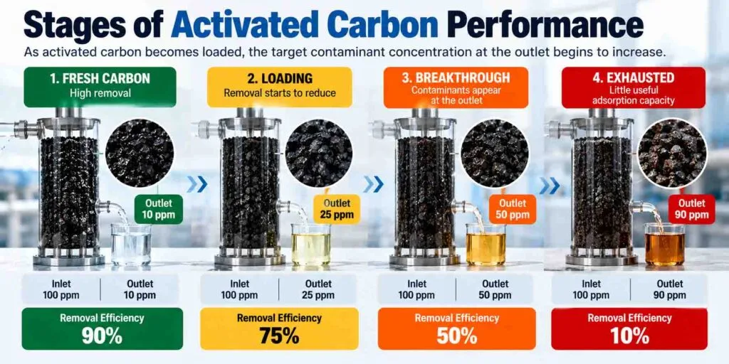 Activated carbon breakthrough stages from fresh carbon to exhausted carbon